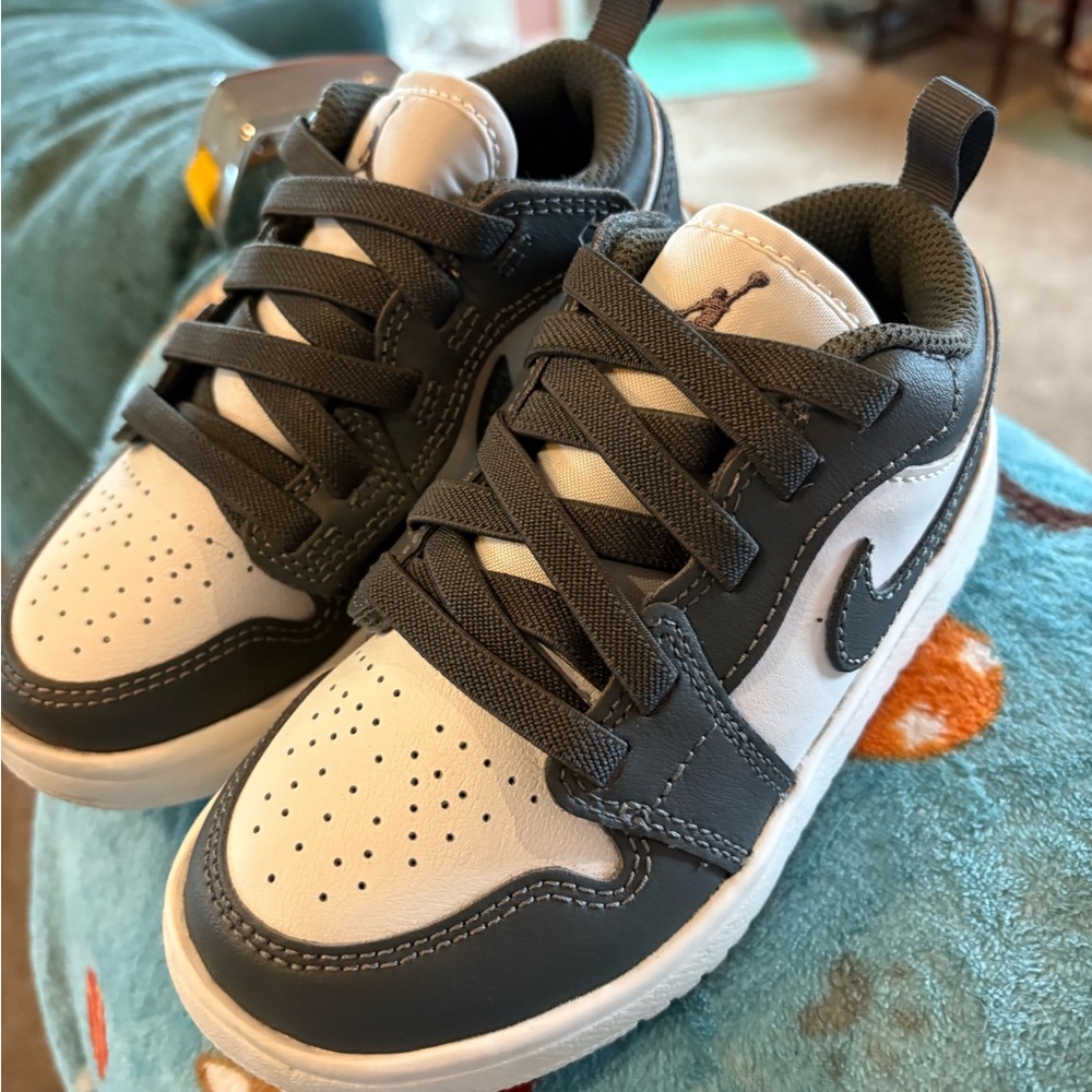 Kids White and Dark Gray Nike Jordans